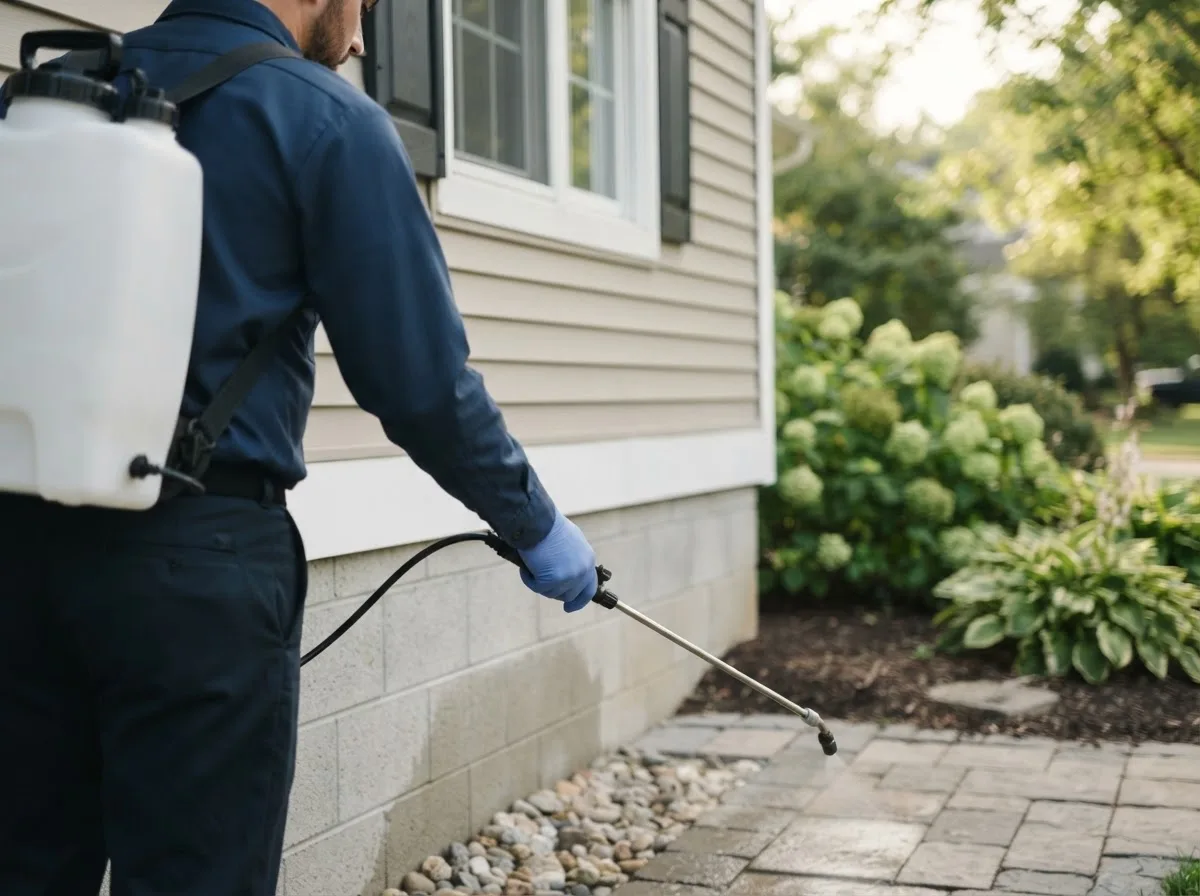 Pest control technician inspecting a home in Harrison, ME